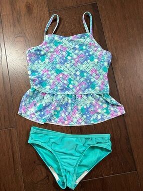 Speedo Girls Mermaid Scale Tankini - Turquoise, Purple & Pink